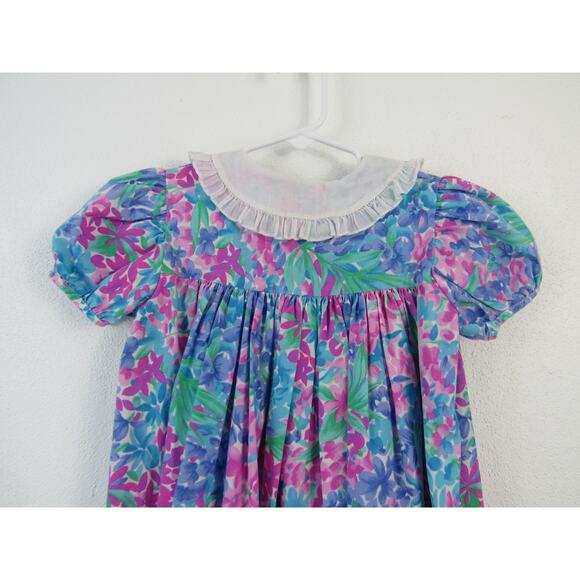 Vintage Kelly's Kids 4T Purple Pink Blue Floral Print Bishop Dress Ruffle Collar - Picture 5 of 5